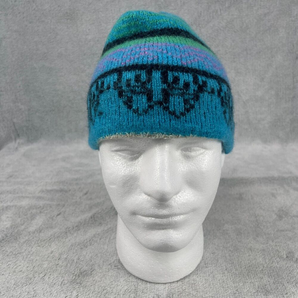 Vintage Smiley Beanie Cap Mens One Size Teal Green Snow Ski 100% Wool Knitted